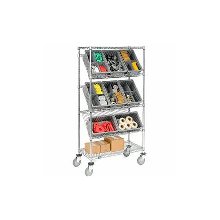 Global Industrial Easy Access Slant Shelf Chrome Wire Cart, 8 Red Grid Containers, 36Lx18Wx63H 493422RD